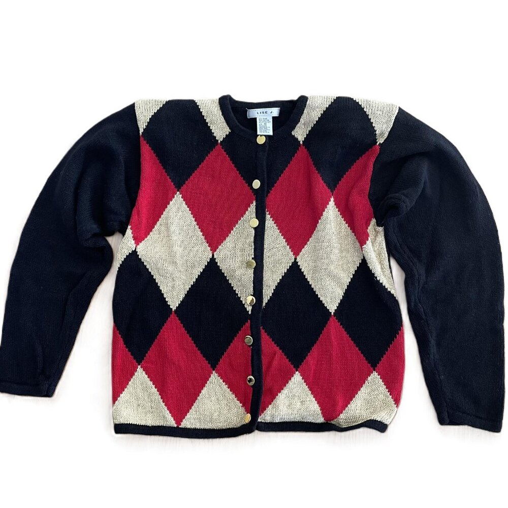 VTG Lise J. Harlequin Argyle Button Down Cardigan - Red Black Gold – Size Medium